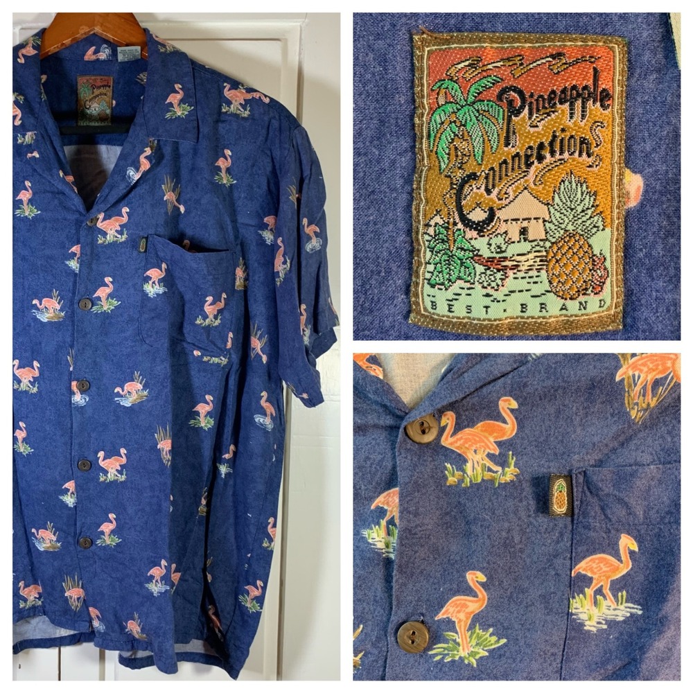 Pineapple Connection Hawaiian Shirt Men's Blue Flamingo Print‎ Short Sleeve